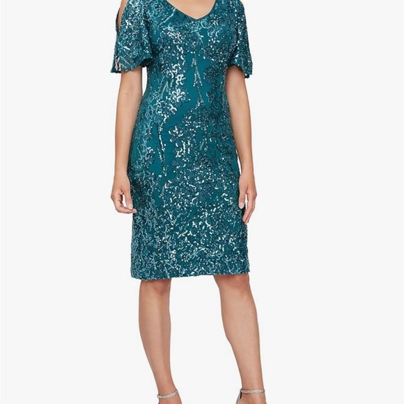 Alex Evenings Teal Sequin Midi Dress - Picture 1 of 7